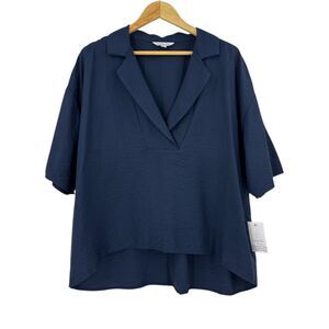 Women's Short Sleeve Blouse Size XL V Neck Navy Blue Ophelia Roe